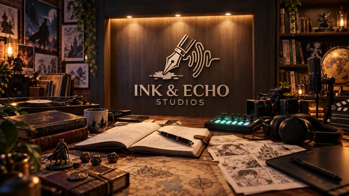 An imagined creative workspace bringing together writing, illustration, music, film and tabletop worlds.