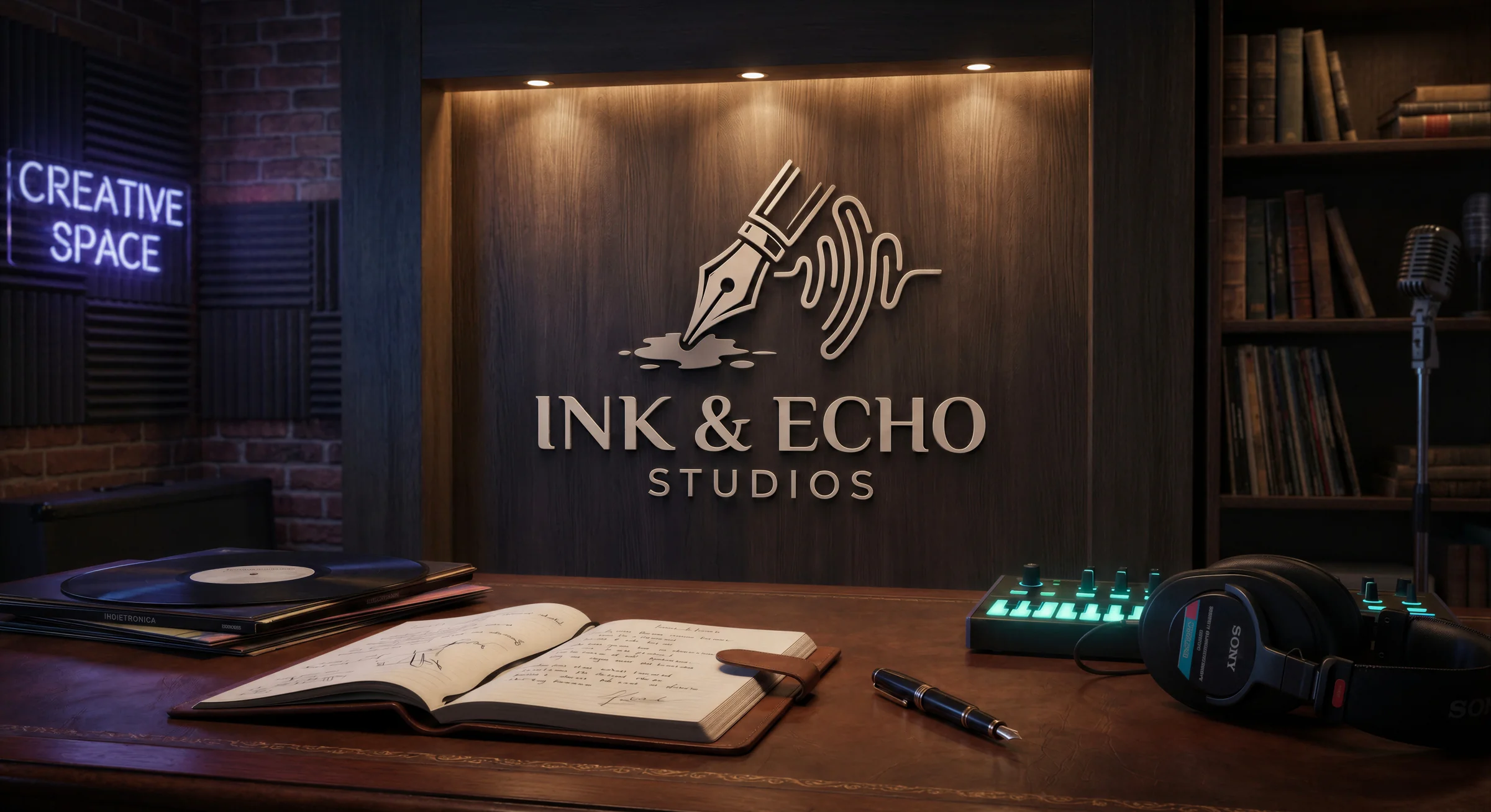 An imagined Ink & Echo creative space, with a writing notebook, records, headphones and a microphone.